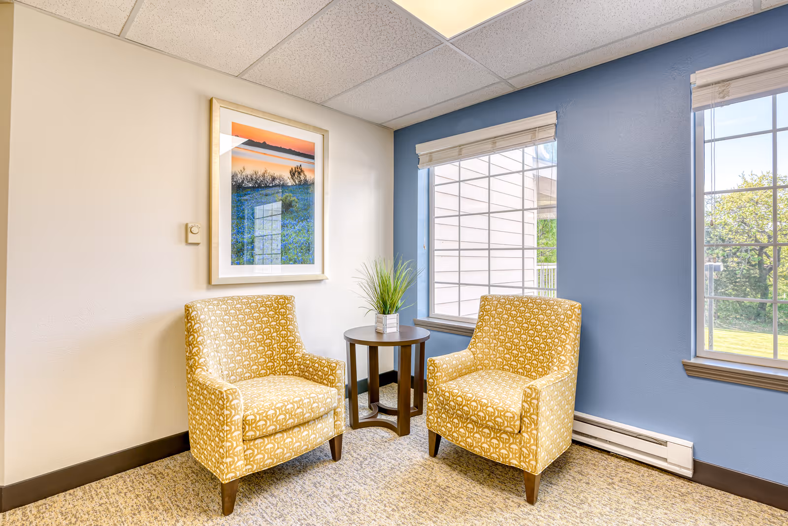A cozy corner seating area with two yellow patterned armchairs facing each other with a small round wooden table between them. On the table is a small potted plant. The walls are painted white and blue, with two large windows letting in natural light. A framed landscape photograph hangs on the white wall.