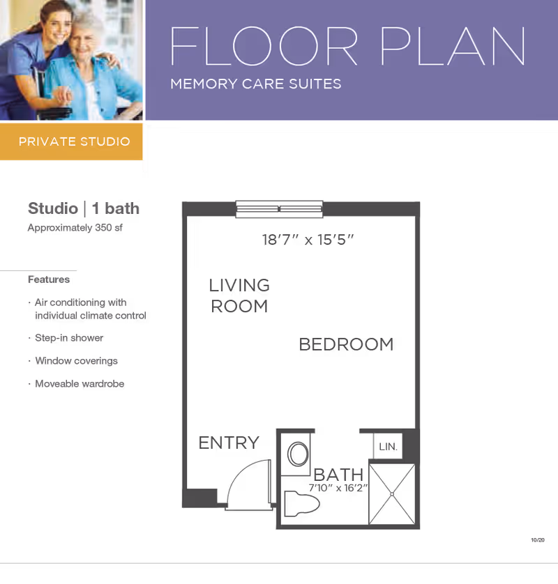 Graphic floor plan page titled 'FLOOR PLAN — Memory Care Suites' showing a 'Private Studio' header, a small photo of a caregiver with an elderly woman, and a features list.