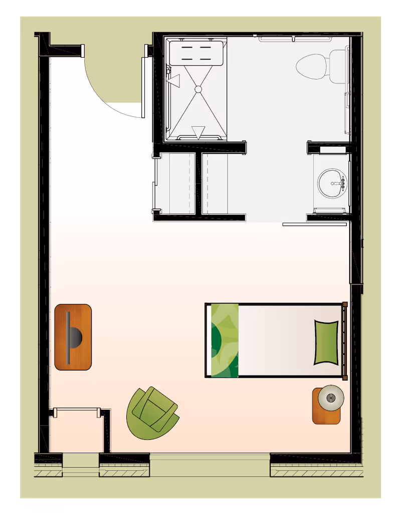Top-down floor plan of a studio senior living room with a bed, chair, desk, and an adjacent bathroom with shower, toilet, and sink.