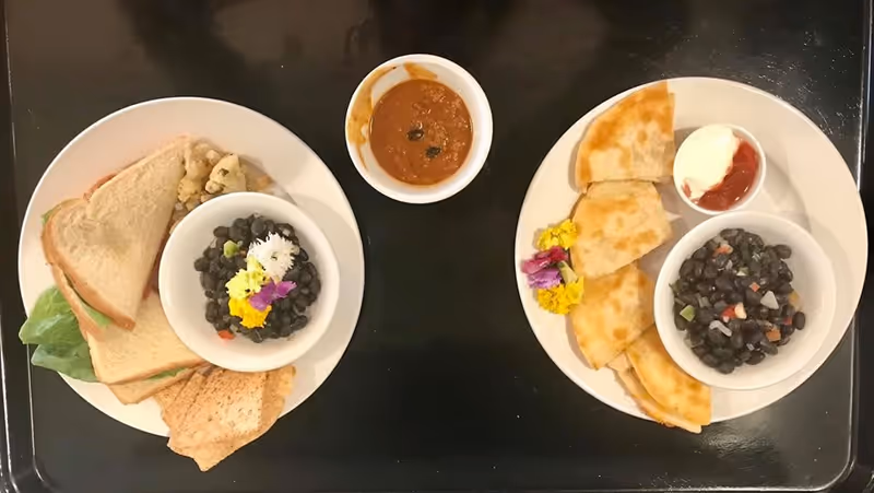 Two white plates on a black tray with food. The left plate has a sandwich with lettuce, a bowl of black beans garnished with edible flowers, some cauliflower, and crackers. The right plate has quesadilla slices, a bowl of black beans with diced vegetables, a small cup of sour cream and salsa, and edible flowers. There is also a small bowl of reddish-brown sauce in the center above the plates.