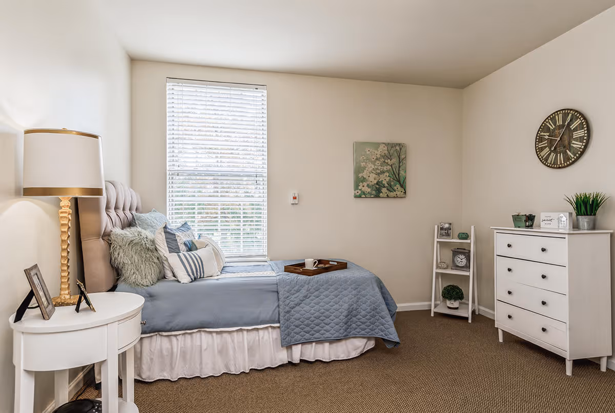 Neatly staged bedroom with a single bed by a window, bedside table with lamp, dresser and wall clock.
