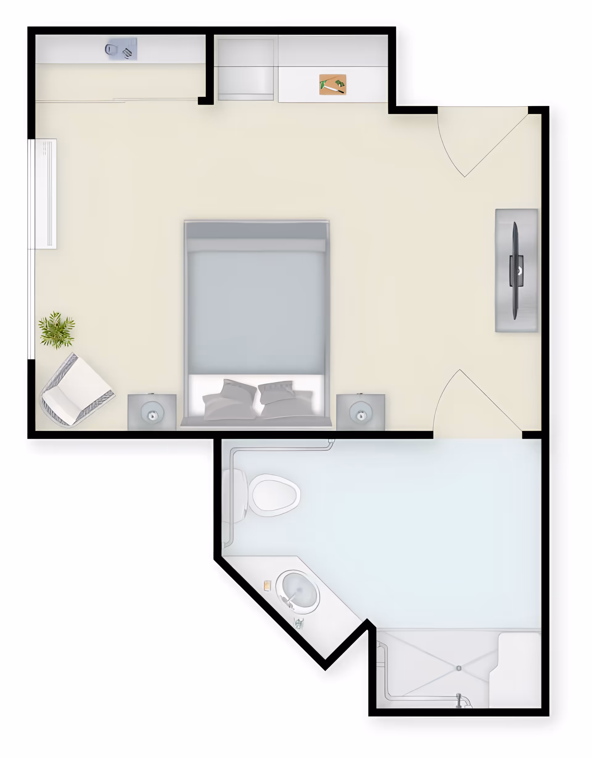 Top-down floor plan of a studio apartment showing a bed with nightstands, a chair, TV, closet, and an attached bathroom with toilet, sink, and shower.
