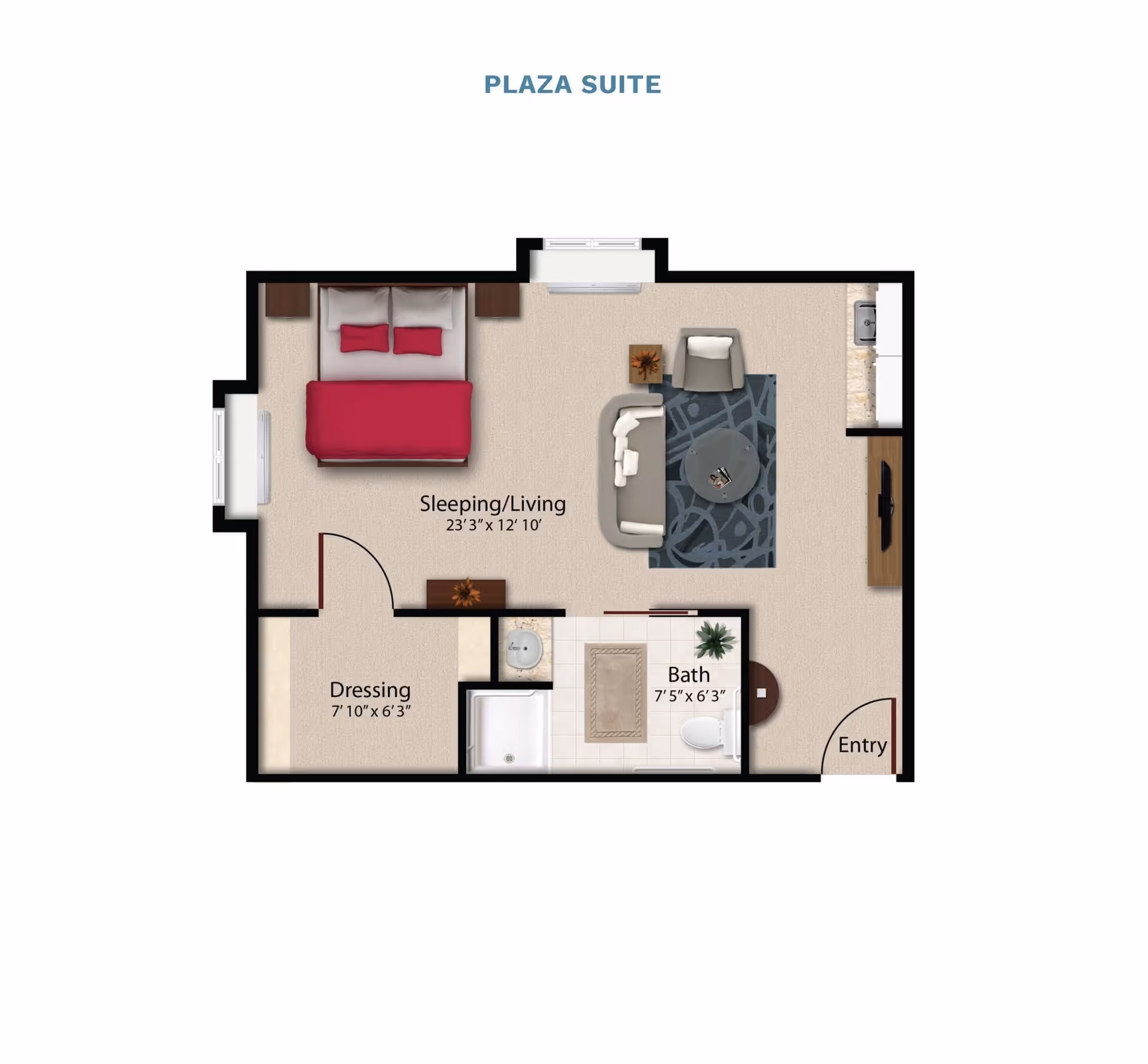 Floor plan titled 'Plaza Suite' showing a studio layout with a sleeping/living area, dressing room, bathroom, and entry.
