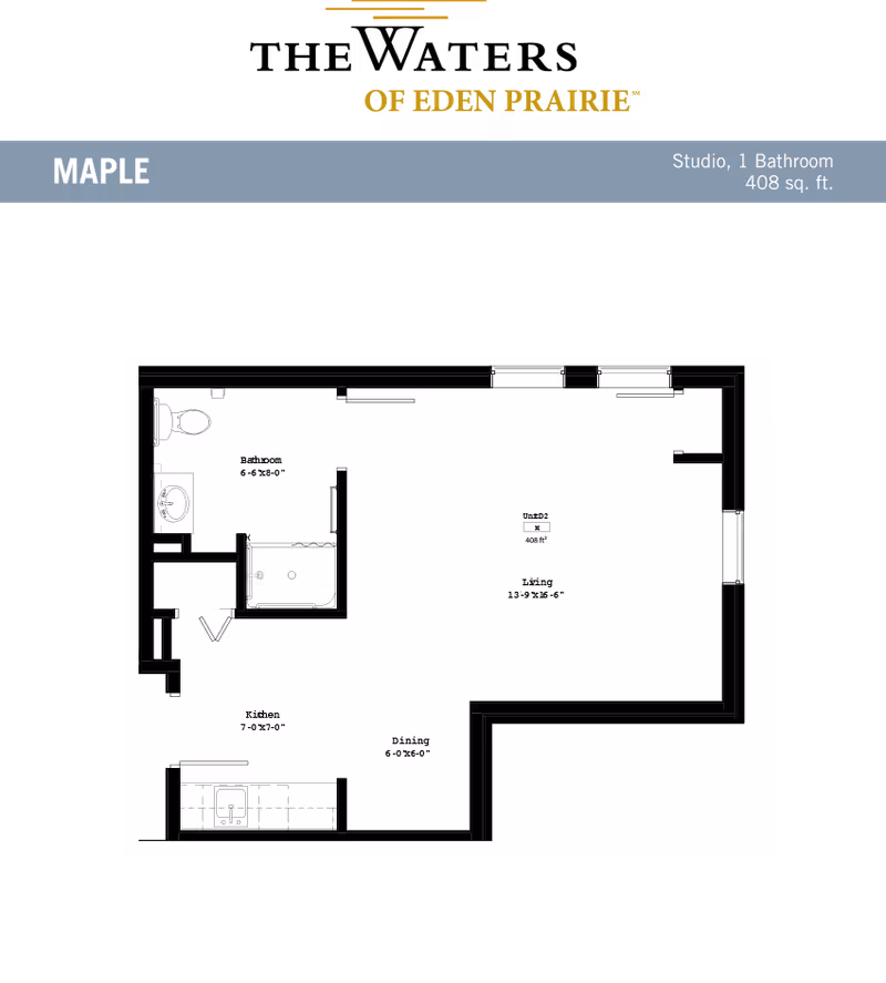 Architectural floor plan of a studio apartment named Maple at The Waters of Eden Prairie, showing a layout with a bathroom, kitchen, dining area, and living space totaling 408 square feet.