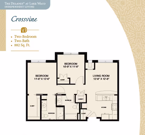 Floor plan graphic titled "Crossvine" showing a two-bedroom, two-bath 882 sq. ft. apartment layout with labeled rooms and dimensions.