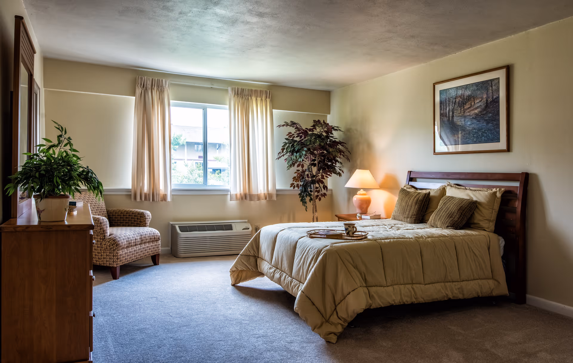 A cozy bedroom with a large bed covered in beige bedding and multiple pillows. There is a wooden nightstand with a lamp and a framed picture hanging on the wall above the bed. A large window with beige curtains lets in natural light. A comfortable armchair and a wooden dresser with a potted plant are also visible. The room has carpeted flooring and neutral-colored walls.