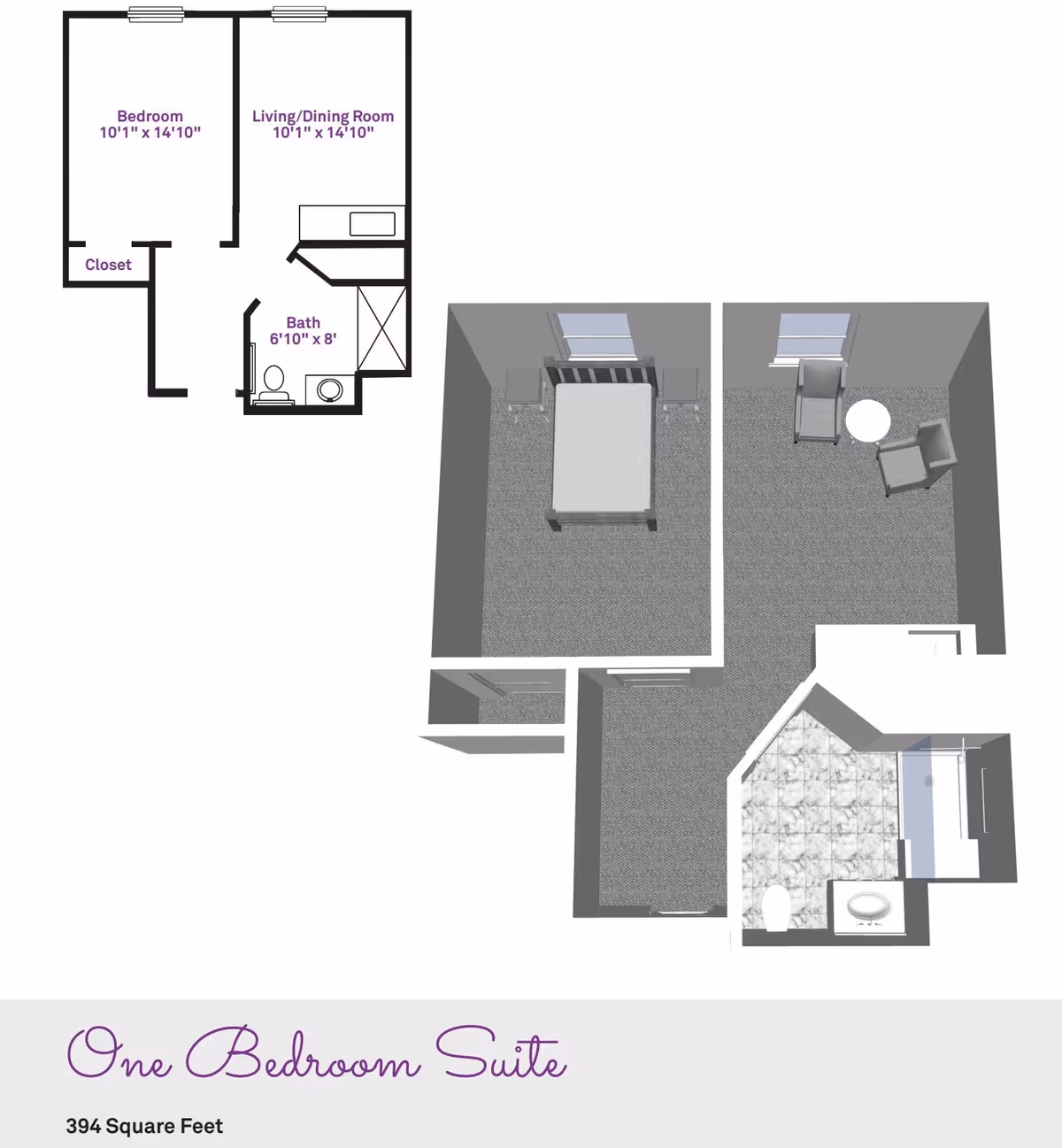 Floor plan and 3D layout of a one-bedroom suite at Brownsburg Meadows Assisted Living, showing a bedroom with a bed and two side tables, a living/dining room with two chairs and a small round table, and a bathroom with a toilet, sink, and shower. The suite measures 394 square feet.