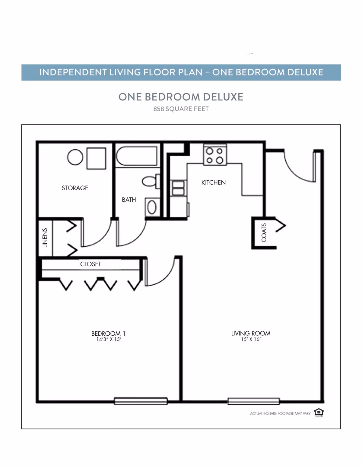 Floor plan layout of a one bedroom deluxe independent living apartment at The Montclair Senior Living, showing a bedroom, living room, kitchen, bathroom, storage, linen closet, and coat closet with dimensions and labels.