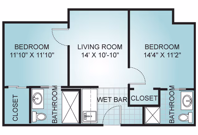 Floor plan of a living space at The Palms at St. Lucie West showing two bedrooms, two bathrooms, a living room, closets, and a wet bar area. The left bedroom measures 11 feet 10 inches by 11 feet 10 inches and has an adjacent bathroom and closet. The living room is centrally located and measures 14 feet by 10 feet 10 inches. The right bedroom measures 14 feet 4 inches by 11 feet 2 inches and also has an adjacent bathroom and closet. The wet bar is positioned between the living room and the right bedroom.
