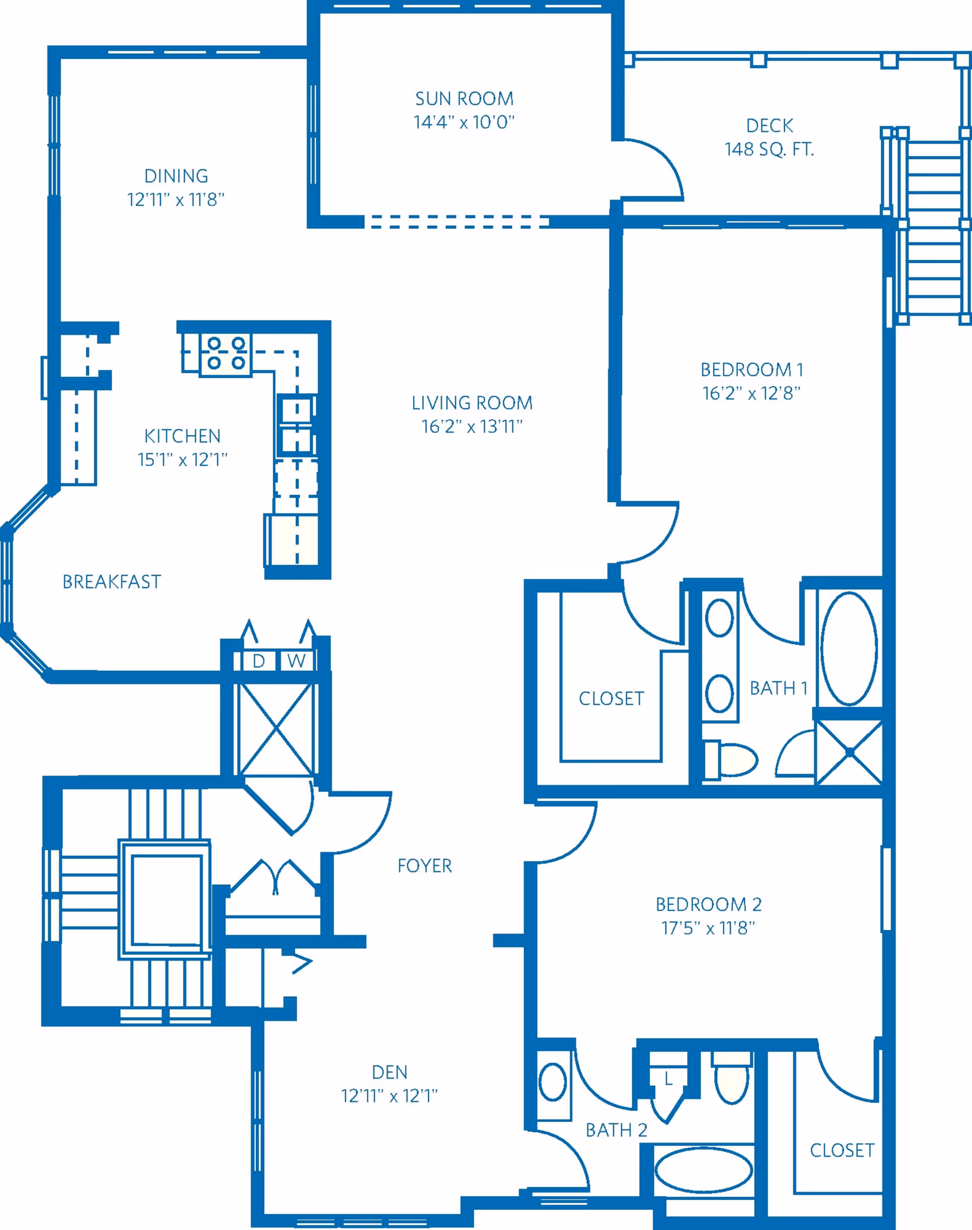 Architectural floor plan of a residential unit at TidePointe, a Vi Community, showing rooms including dining, kitchen, breakfast area, sun room, deck, living room, two bedrooms, two bathrooms, closets, foyer, and den with dimensions.