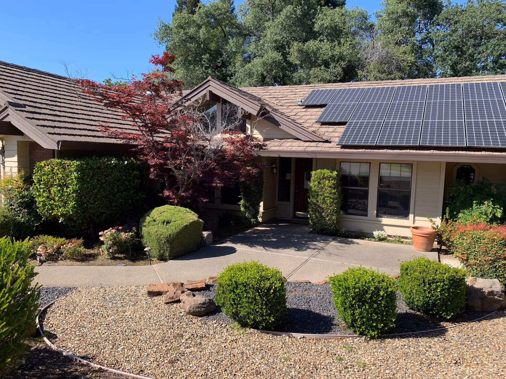 Front exterior of a single-story building with a walkway, landscaped shrubs, and solar panels on the roof.