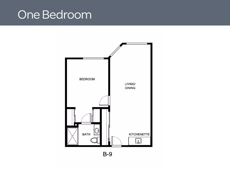 Floor plan of a one-bedroom apartment labeled B-9, showing a bedroom, bathroom, kitchenette, and combined living/dining area.