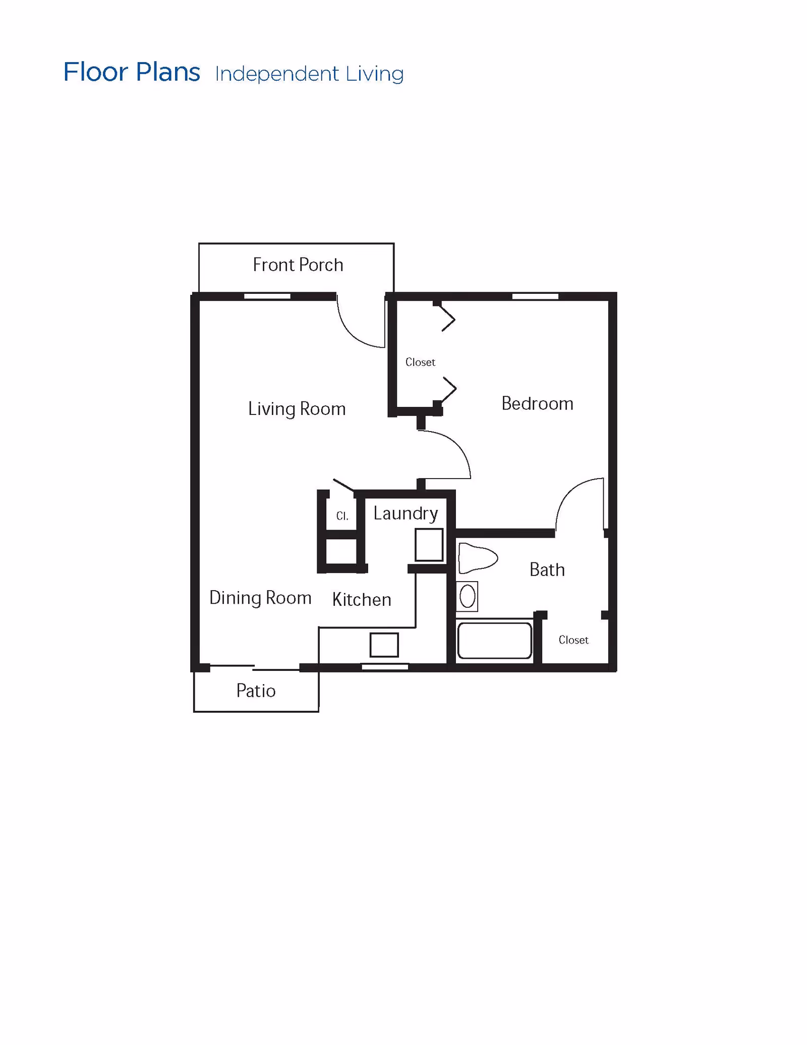 Floor plan layout for an independent living unit at Brookdale Jackson Oaks showing a front porch, living room, dining room, kitchen, laundry area, bedroom with closet, bathroom with closet, and a patio.