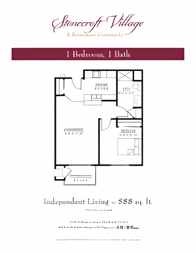 Floor plan layout of a 1 bedroom, 1 bath independent living unit at Stonecroft Village, showing the arrangement of rooms including a bedroom, bathroom, kitchen, and living area.