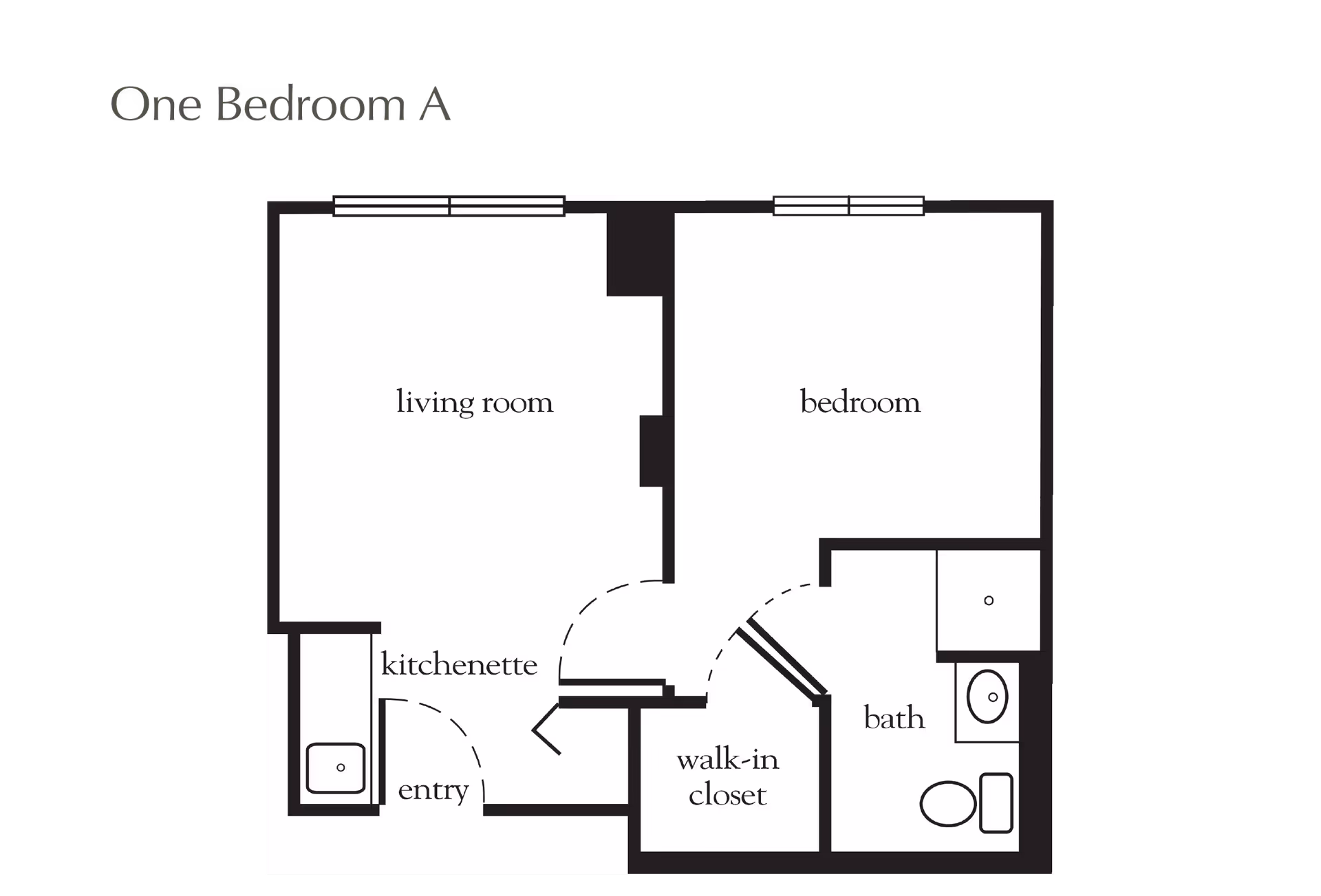 Floor plan layout of a one-bedroom apartment labeled One Bedroom A, showing a living room, bedroom, kitchenette, entry, walk-in closet, and bath.