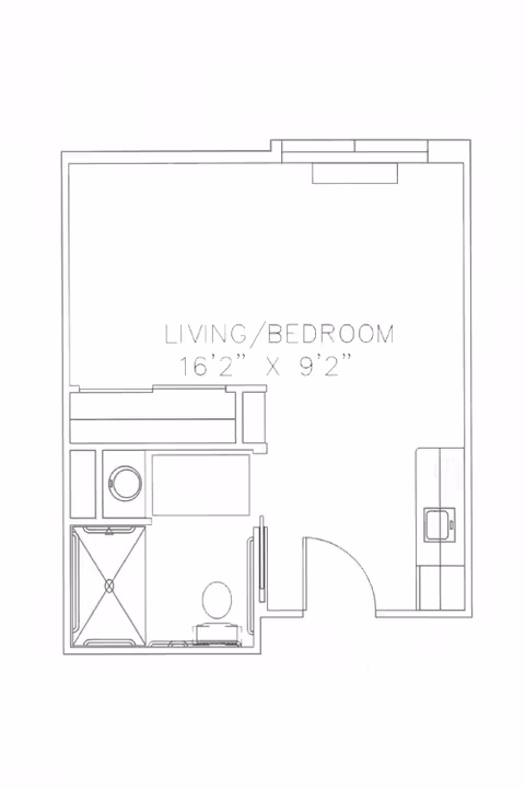 Architectural floor plan of a small living/bedroom space measuring 16 feet 2 inches by 9 feet 2 inches, including a bathroom with a shower, toilet, and sink, and a kitchenette area with a sink and counter space.