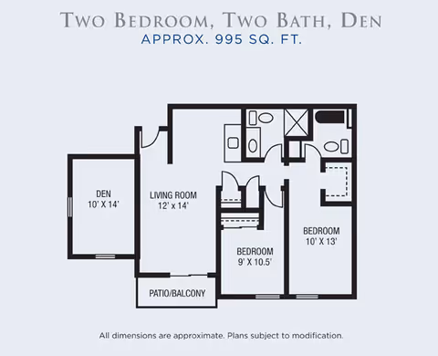 Floor plan diagram for a two-bedroom, two-bath unit with a den, living room and patio/balcony labeled approx. 995 sq. ft.