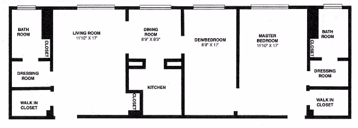 Black and white architectural floor plan of an apartment unit at Tower Grove Manor showing rooms labeled as bathroom, dressing room, walk-in closet, living room, dining room, kitchen, den/bedroom, and master bedroom with dimensions.