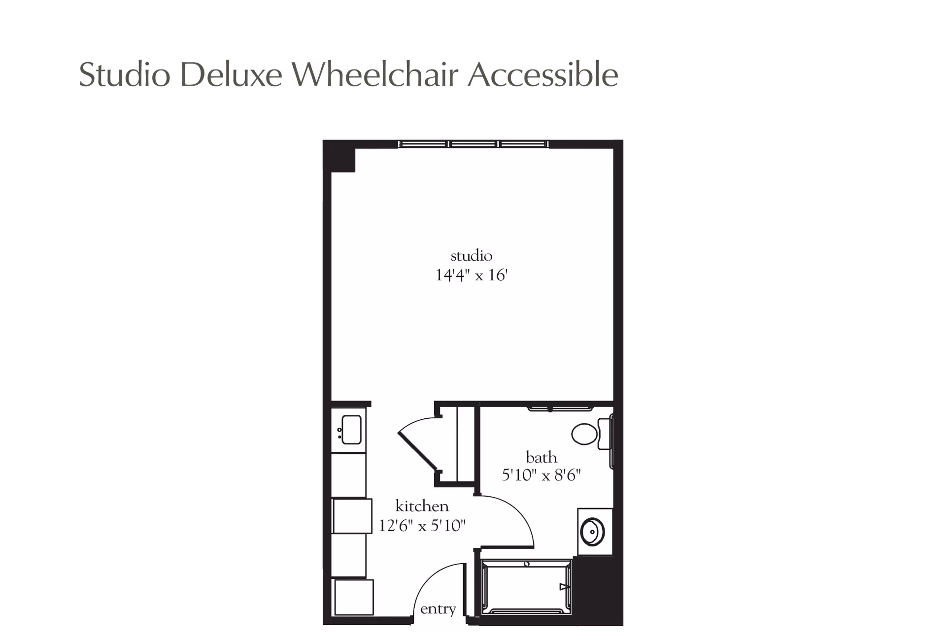 Floor plan of a studio deluxe wheelchair accessible apartment showing a studio area measuring 14'4" x 16', a kitchen measuring 12'6" x 5'10", a bathroom measuring 5'10" x 8'6", and an entry area.