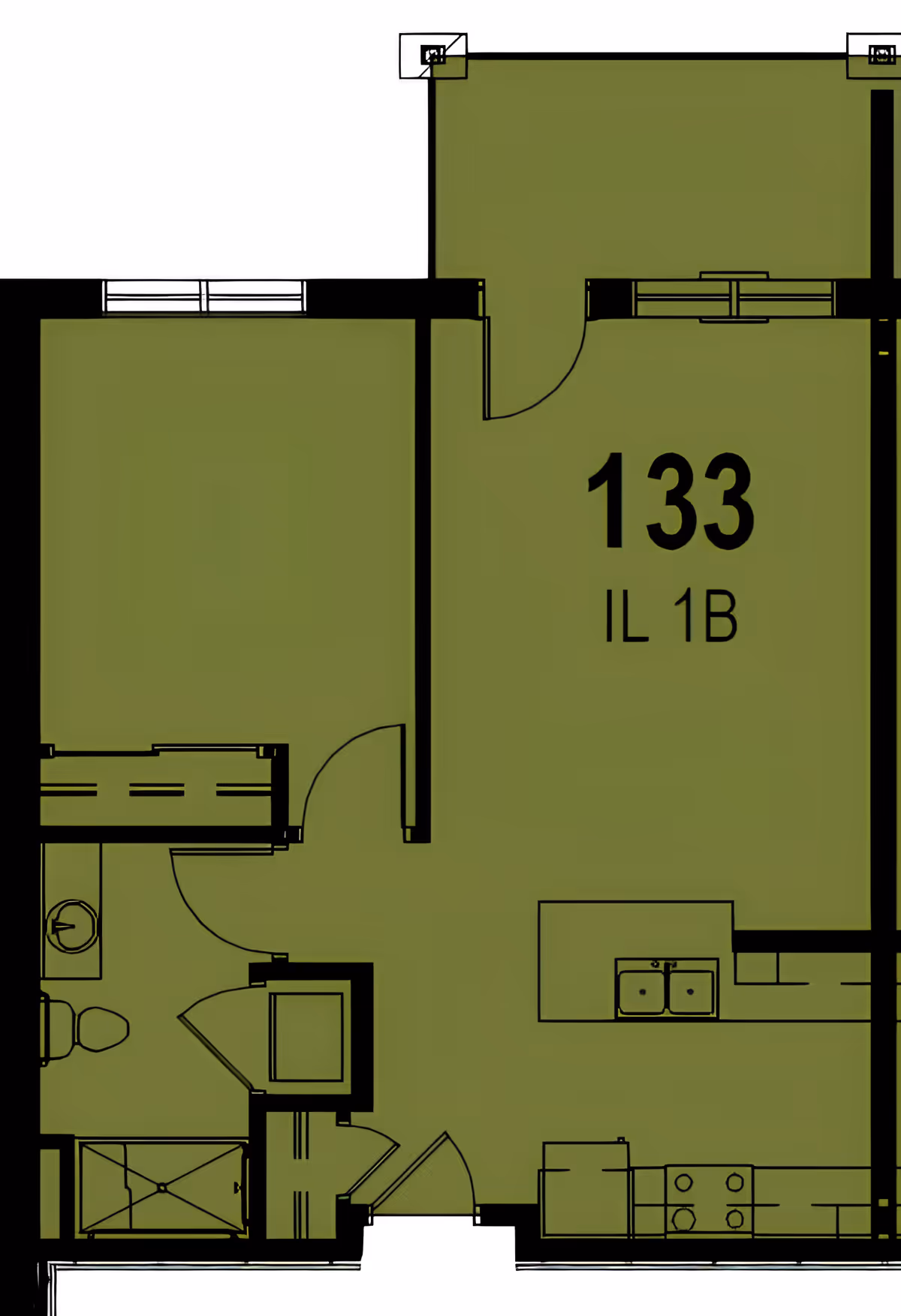 Architectural floor plan of unit 133 labeled IL 1B, showing layout including a bathroom with toilet and shower, a kitchen area with stove and sink, and other rooms.