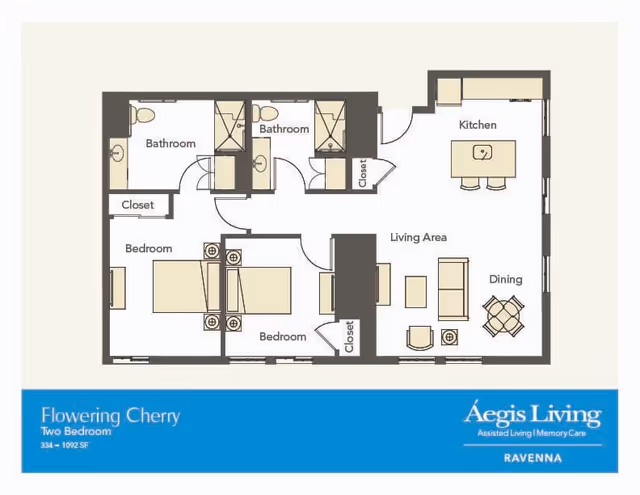 Floor plan of a two-bedroom assisted living apartment named Flowering Cherry at Aegis Living Ravenna, showing two bedrooms, two bathrooms, a kitchen, a living area, dining area, and closets.