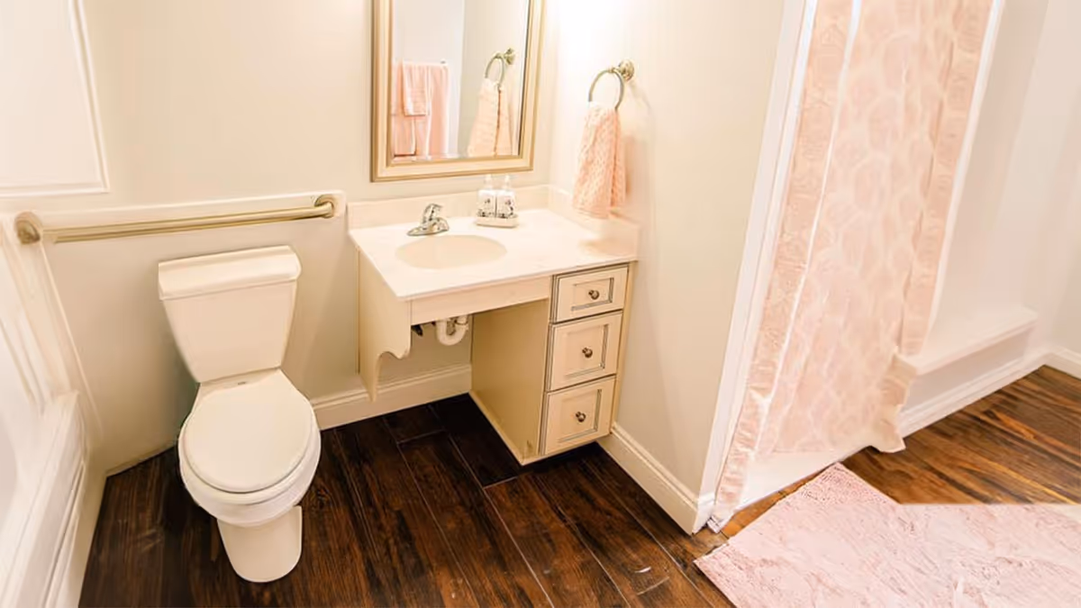 A bright bathroom featuring a white toilet, a vanity with a sink and three drawers, a mirror above the sink, a towel ring with a pink towel, and a pink shower curtain. The floor is dark wood, and there is a pink bath mat on the floor.