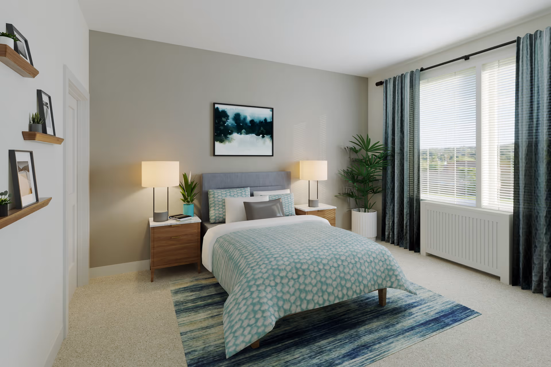 A bright and cozy bedroom with a large window covered by blue curtains. The room features a bed with a blue and white patterned comforter, two wooden nightstands with lamps, a potted plant in the corner, and framed artwork on the wall above the bed. There are also small shelves with decorative items on the left wall.