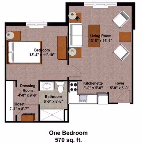 Floor plan of a one-bedroom apartment at Bloom at German Church, showing a bedroom, dressing room, closet, bathroom, kitchenette, foyer, and living room with dimensions and furniture layout, totaling 570 square feet.