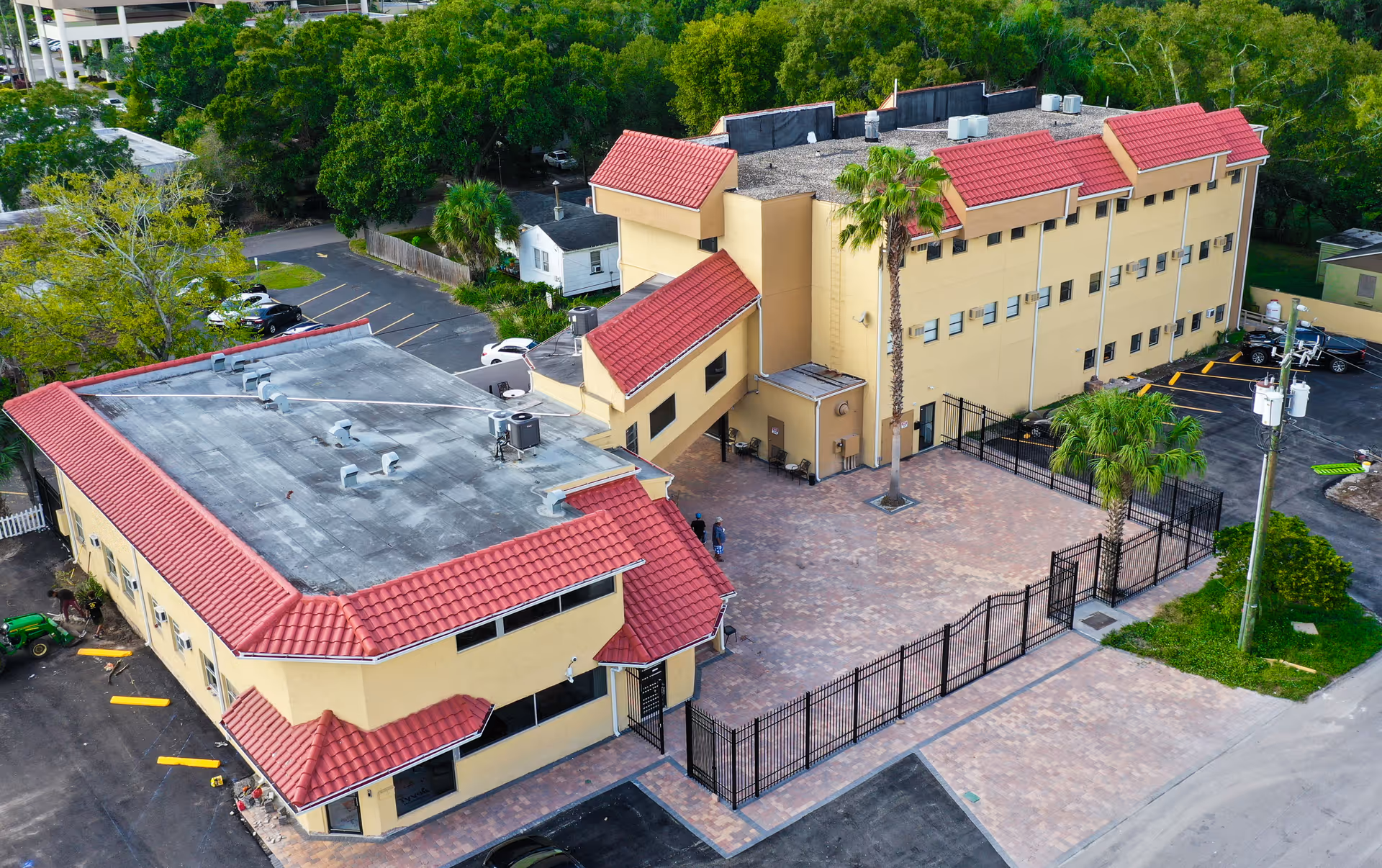 Aerial view of Best Care Senior Living at Saint Joseph exterior with red-tiled roofs