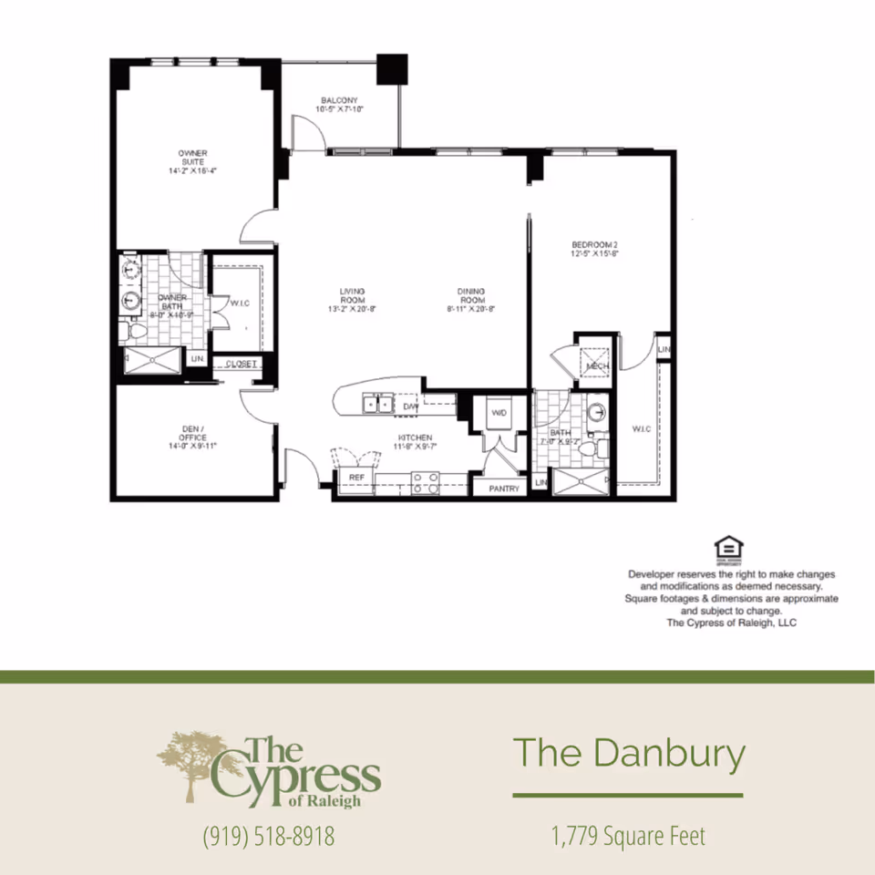 Black-and-white floor plan titled "The Danbury" from The Cypress of Raleigh showing two bedrooms, two bathrooms, kitchen, living/dining area, den/office and a balcony.