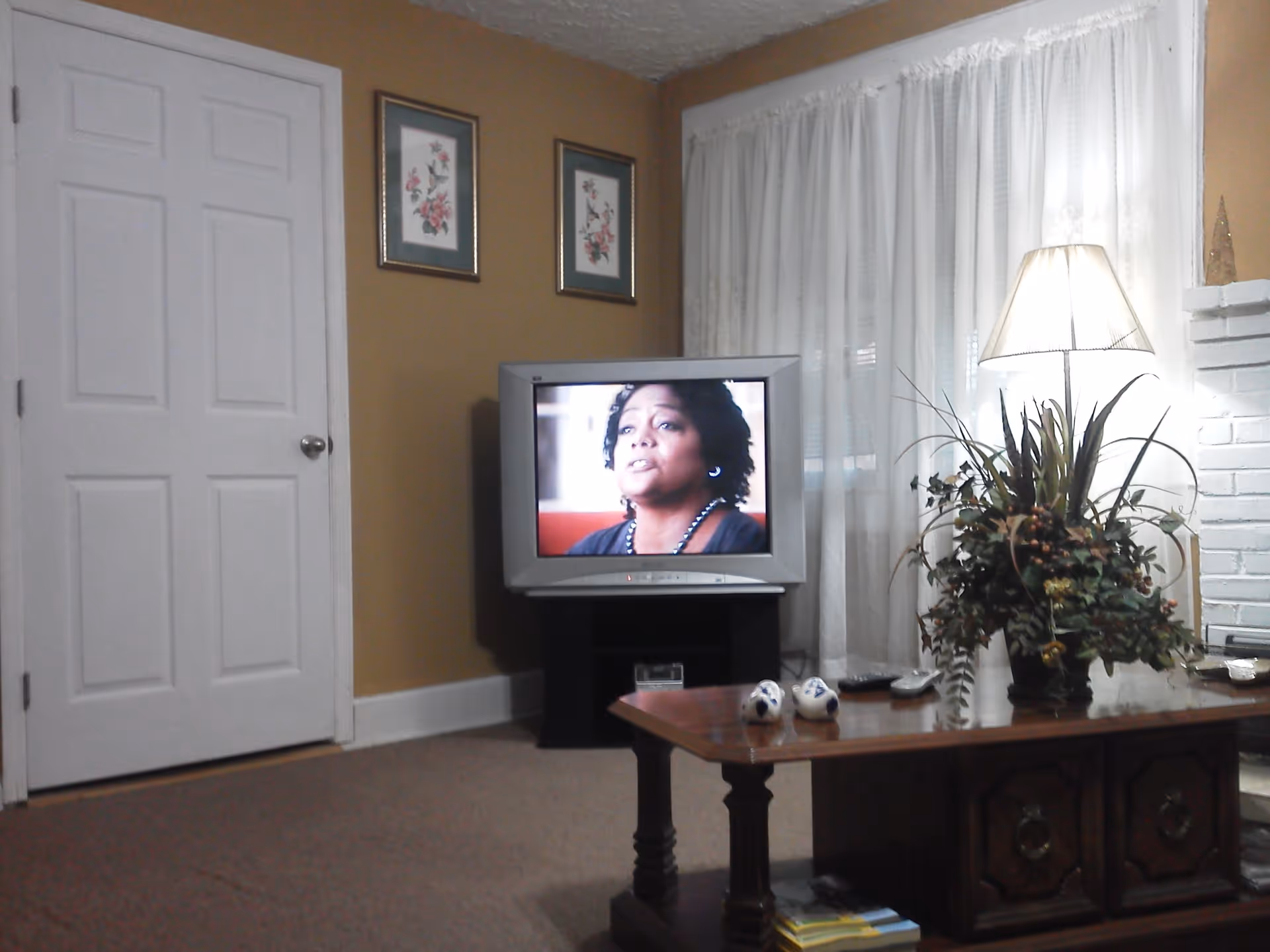 A cozy living room with a television showing a woman speaking. The room has a white door, two framed floral pictures on a mustard-colored wall, a wooden coffee table with decorative items and a plant, a lamp, and sheer white curtains covering a window.