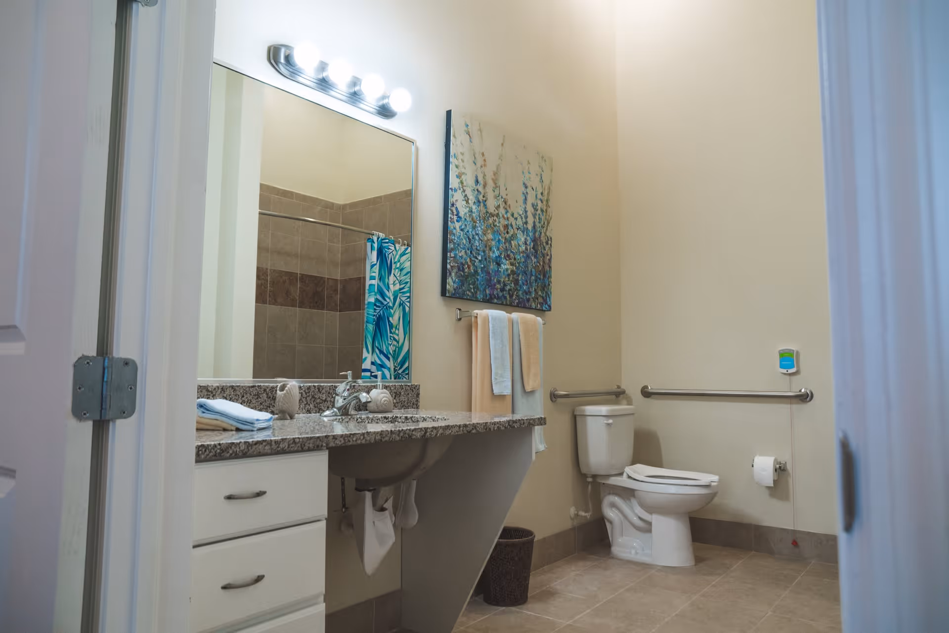 A clean and accessible bathroom with a toilet equipped with grab bars, a granite countertop with a sink, a large mirror above the sink, a towel rack with towels, a wastebasket, and a shower area with a colorful shower curtain.