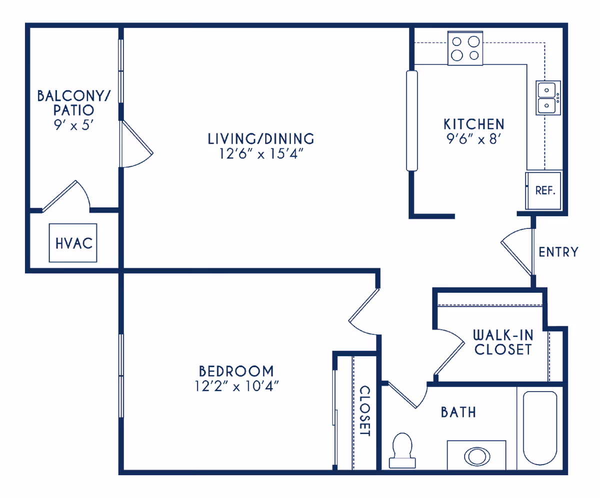 Floor plan of an apartment at Elmhaven Manor showing a balcony/patio, living/dining area, kitchen, bedroom, bathroom, walk-in closet, HVAC, and entry.