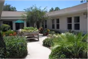 Outdoor courtyard area of a senior living facility with a paved walkway, green shrubs, plants, and a tree. The building surrounds the courtyard with multiple windows and a patio umbrella visible in the background.