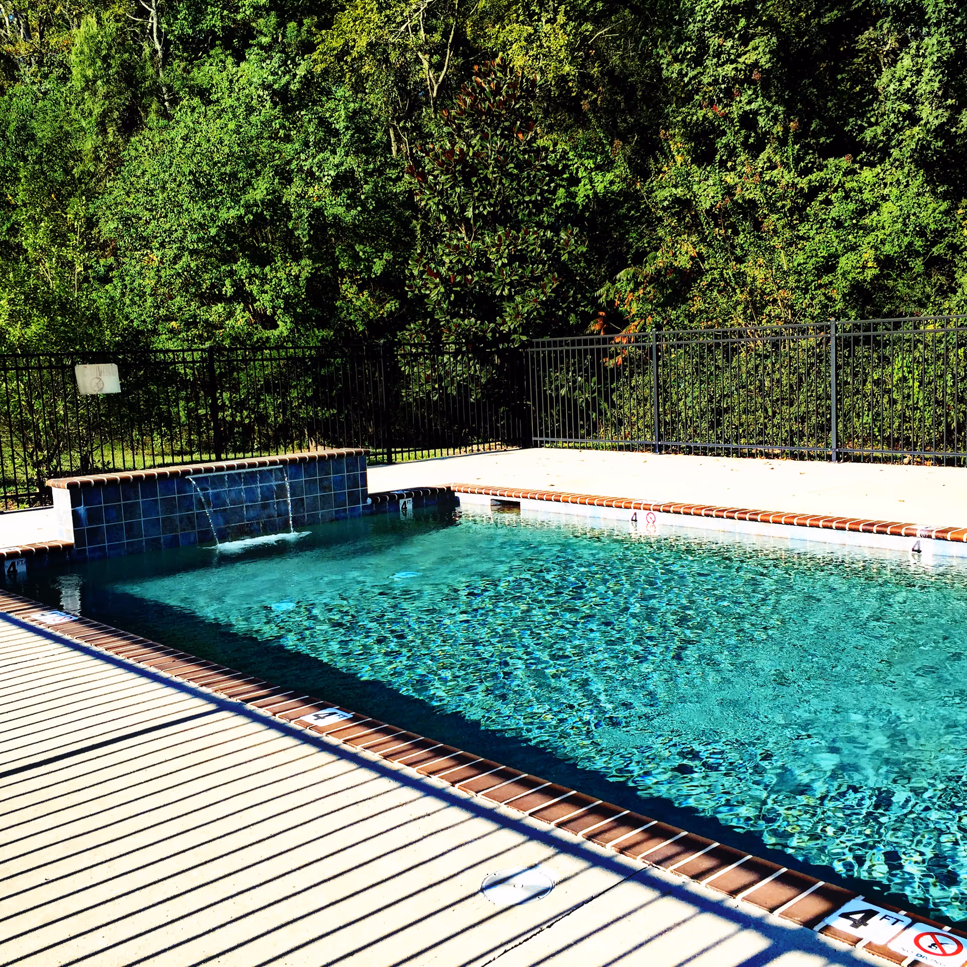 Outdoor swimming pool with tiled coping and a small water feature, surrounded by a metal fence and trees.