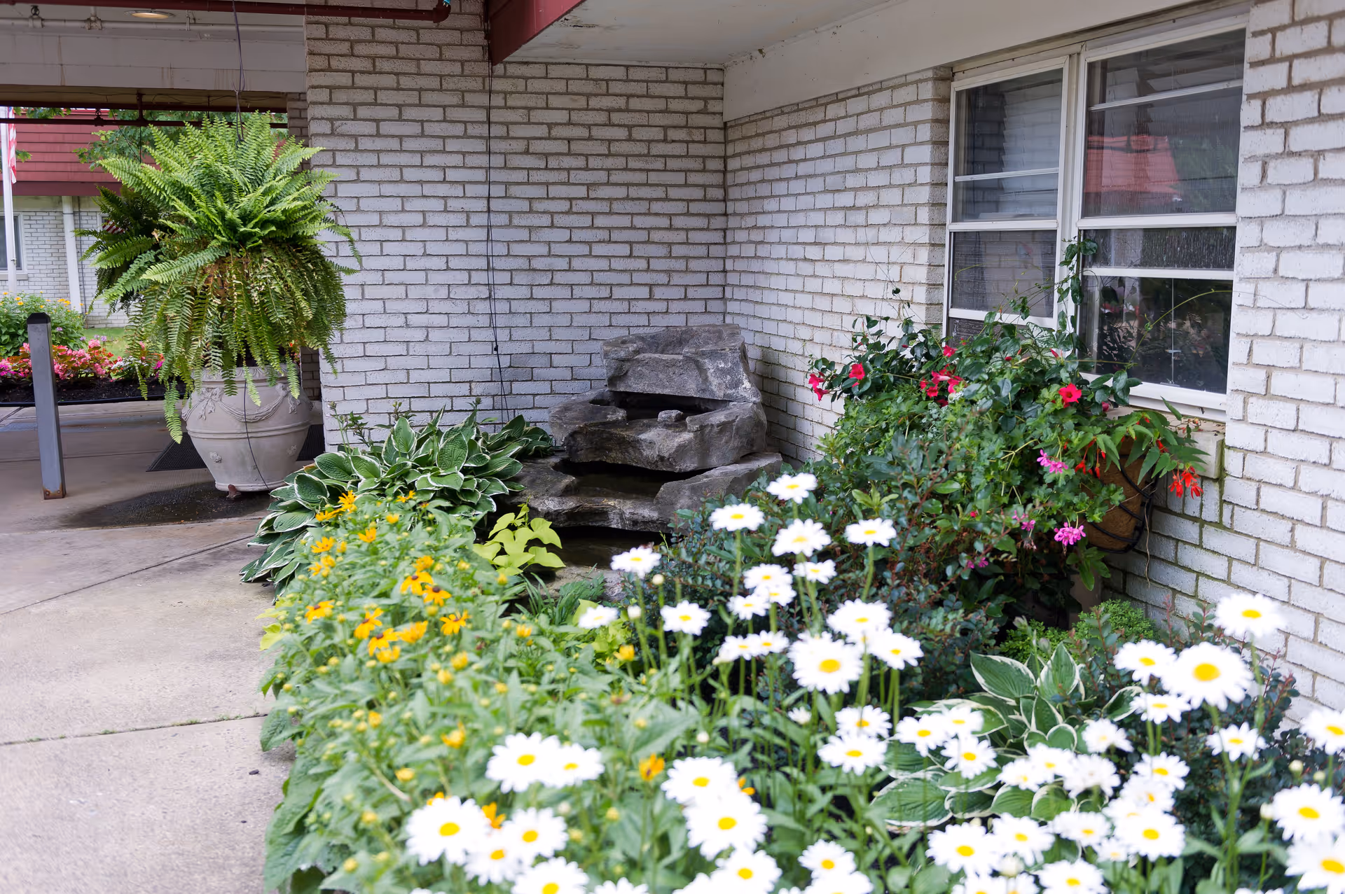 Outdoor garden area at a senior living facility with a variety of flowers including white daisies and yellow blooms, green leafy plants, a hanging fern in a large pot, and a small rock water feature against a white brick wall with windows.