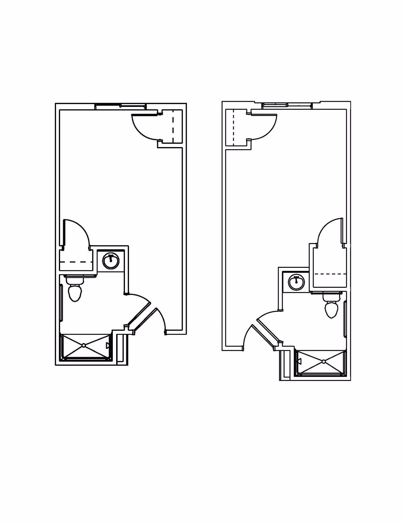 Architectural floor plan showing two similar studio apartment layouts with a bathroom including a shower, toilet, and sink, and an open living/sleeping area.