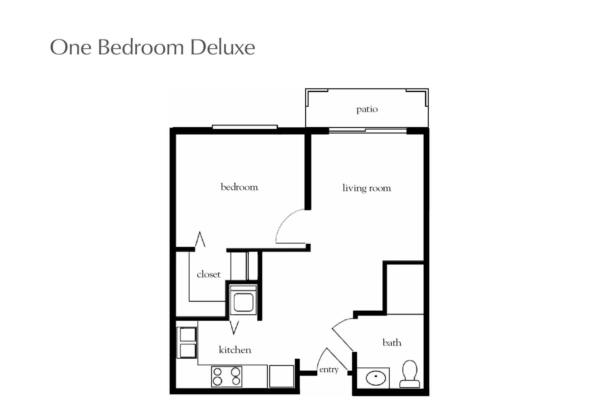 Floor plan of a one bedroom deluxe apartment showing a bedroom with closet, kitchen, living room, bath, entry, and patio.