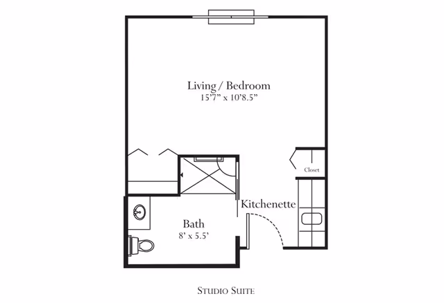 Floor plan of a studio suite at Five Star Residences of Noblesville showing a combined living and bedroom area measuring 15 feet 7 inches by 10 feet 8.5 inches, a kitchenette, a bathroom measuring 8 feet by 5.5 feet with a toilet and sink, and a closet.