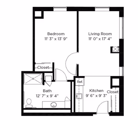 Architectural floor plan of a one-bedroom apartment at Lincolnwood Place, showing a bedroom, living room, kitchen, bathroom, and closets with dimensions labeled.