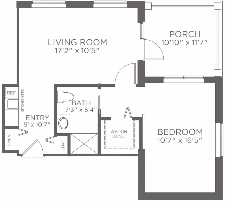 Architectural floor plan of a residential unit at Woodland Terrace showing a living room, porch, bedroom with walk-in closet, bathroom, entry with kitchenette, linen closet, and coat closet with dimensions.