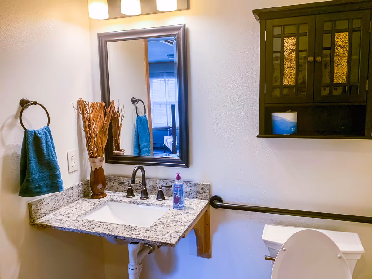 Bathroom showing a granite sink vanity with mirror and faucet, teal towel, wall cabinet, grab bar, and toilet.