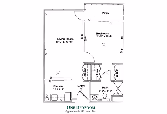 Black-and-white floor plan for a one-bedroom unit labeled 'One Bedroom Approximately 543 Square Feet,' showing a living room, kitchen, bedroom, bathroom, closets, entry and patio.