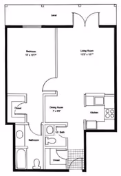 Black and white architectural floor plan of a one-bedroom apartment at Homestead Village Of Fairhope, showing a bedroom, living room, dining room, kitchen, bathroom, half bath, closets, and a lanai.