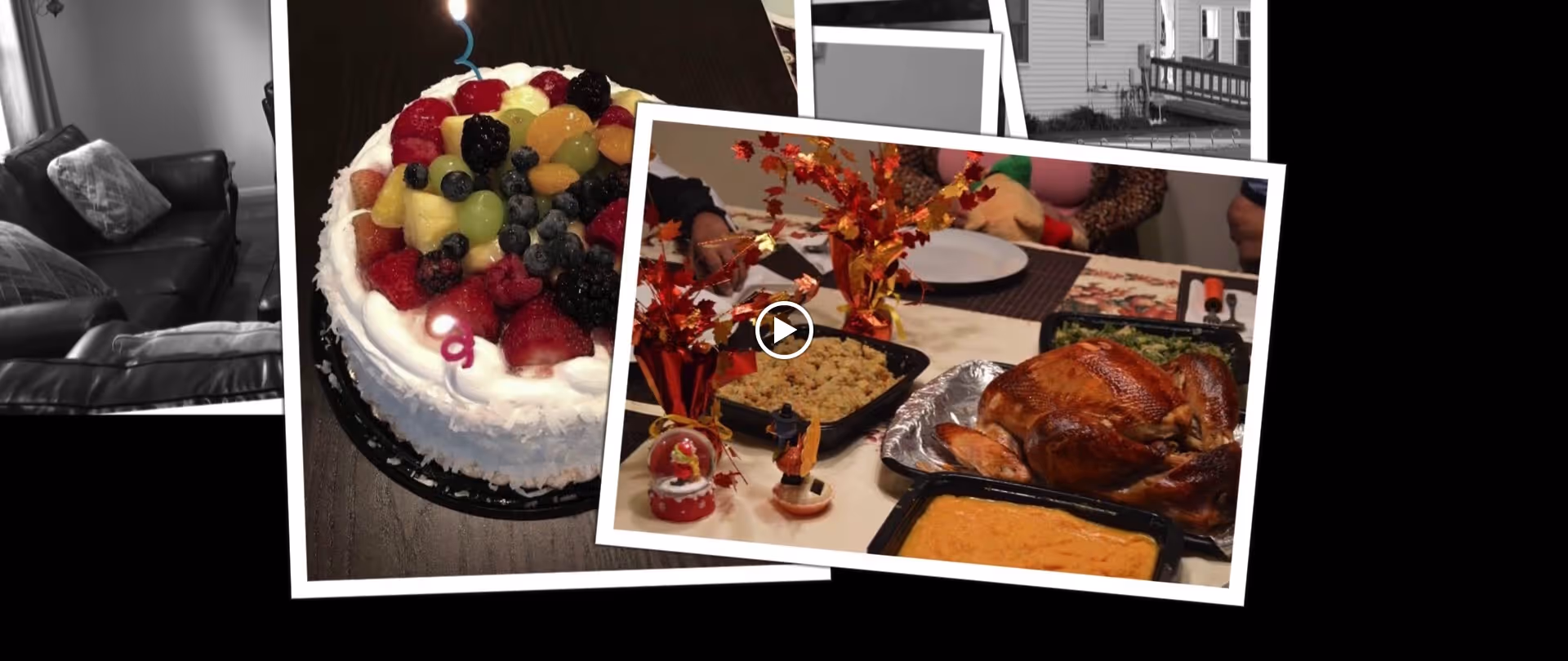Collage-style photo showing a fruit-topped cake and a Thanksgiving-style table with a roast turkey and side dishes.