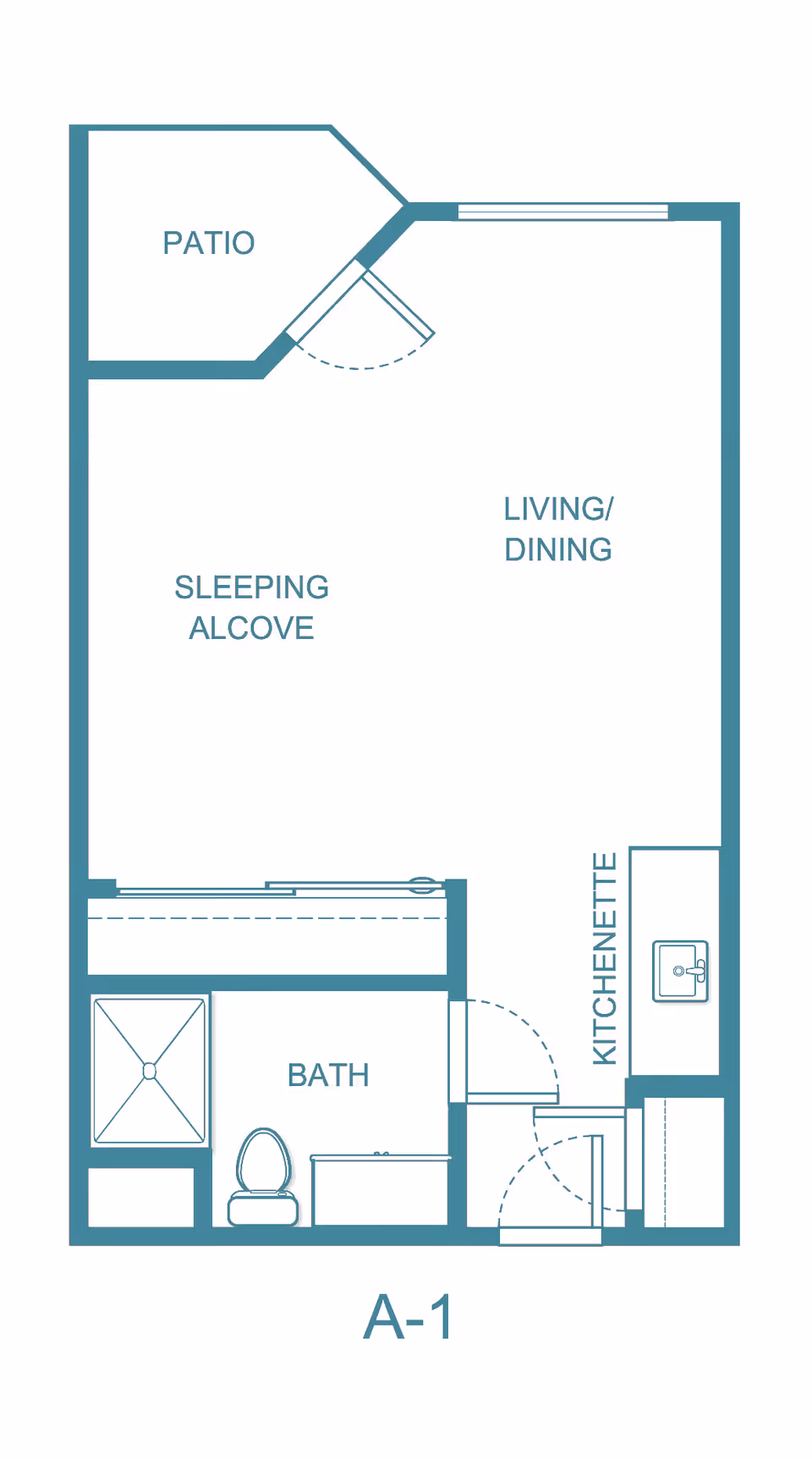 Floor plan layout of a studio apartment labeled A-1 at Solista Carson, showing a patio, sleeping alcove, living/dining area, kitchenette, and a bathroom with a shower, toilet, and sink.