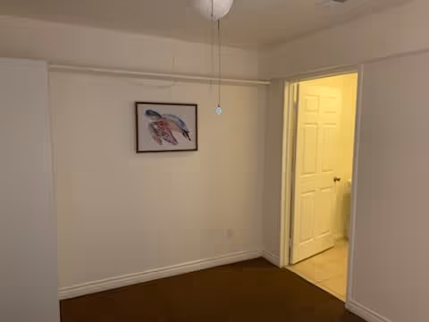 A small room with beige walls and brown carpet. There is a framed picture of two sea turtles on the wall. An open door leads to a bathroom with a tiled floor and a white door. A ceiling fan pull chain is visible hanging from the ceiling.