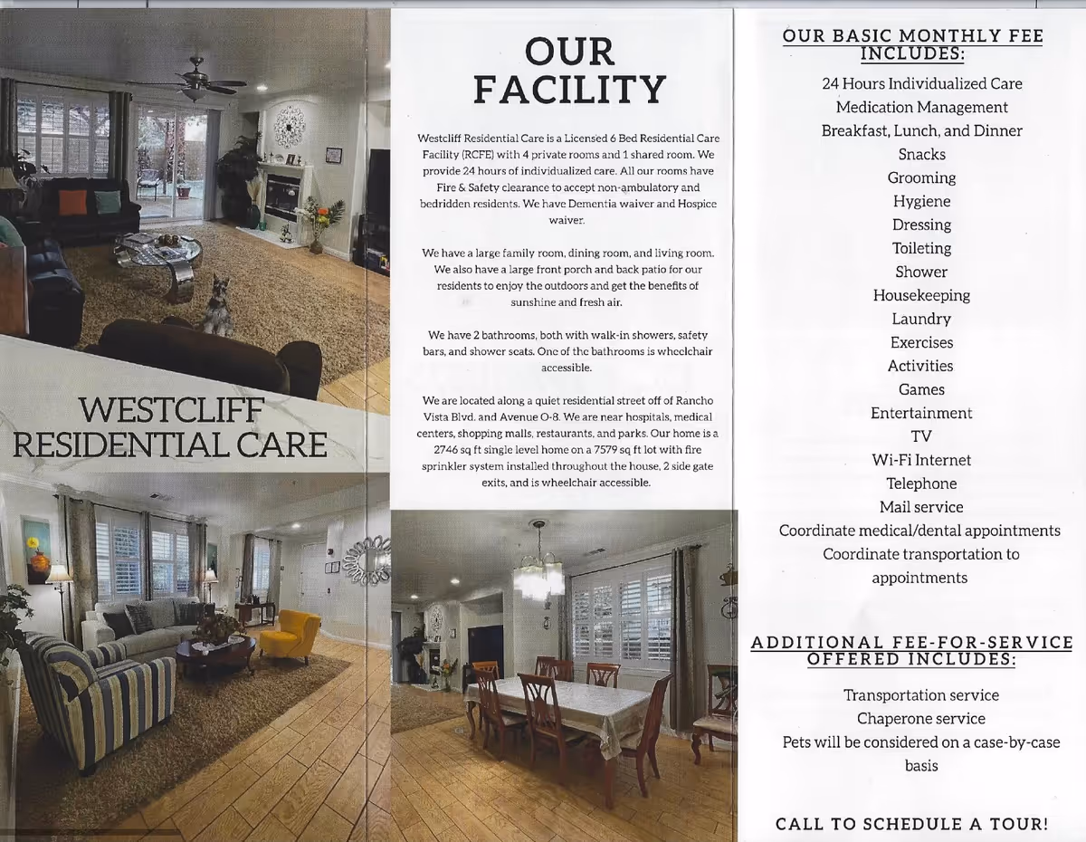 Brochure for Westcliff Residential Care showing three interior photos: a living room with sofas and a coffee table, a family room with striped and solid sofas and a yellow chair, and a dining room with a table and chairs. The brochure text describes the facility, its services, and fees.