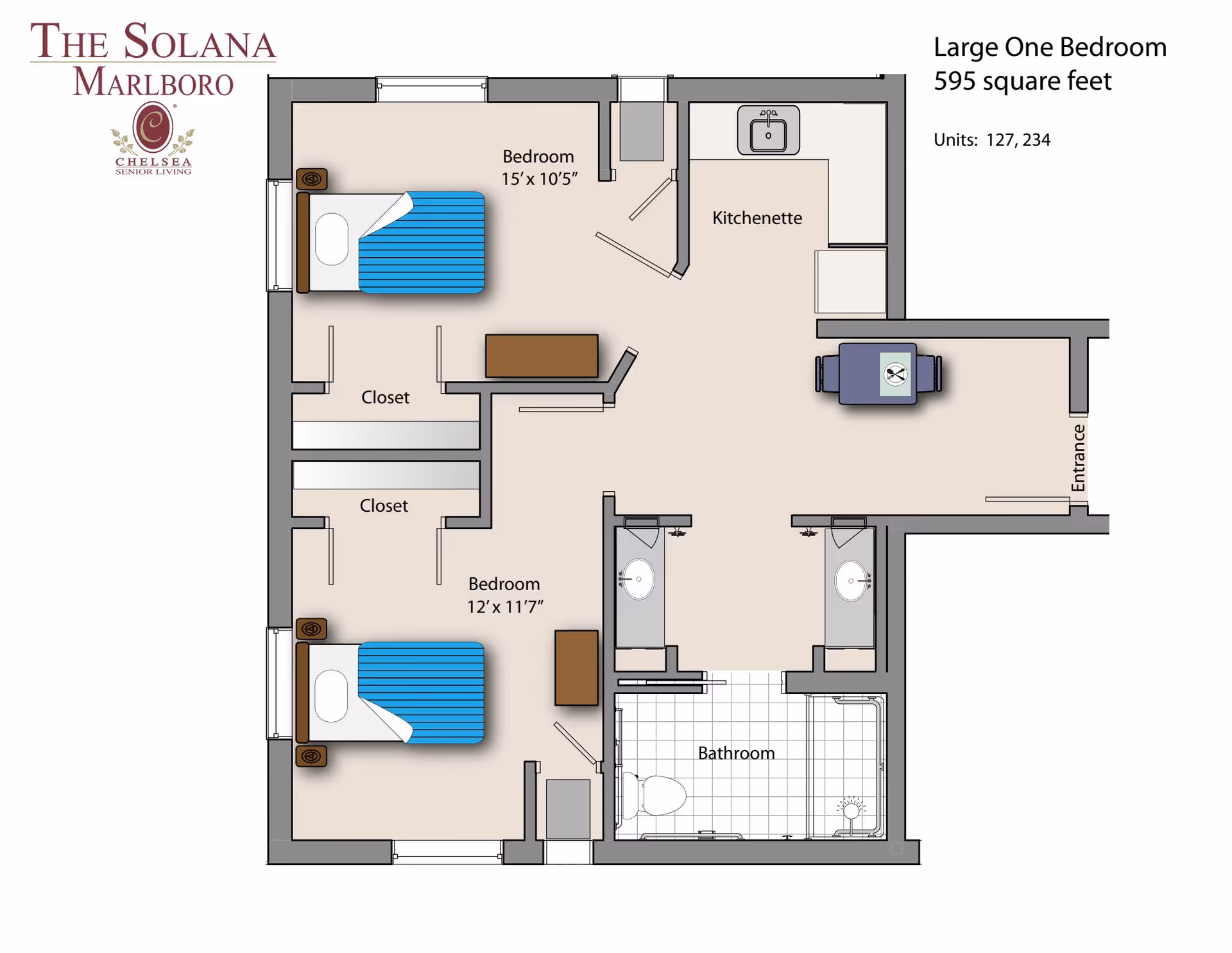 Floor plan of a large one-bedroom apartment at The Solana Marlboro, Chelsea Senior Living. The layout includes two bedrooms with beds and closets, a kitchenette with a sink, a bathroom with a toilet and shower, and an entrance area with a small dining table and chairs. The apartment measures 595 square feet.