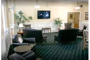 Common living room/lounge with curved black sofas and armchairs facing a wall-mounted TV, small tables, plants, and patterned green carpet.